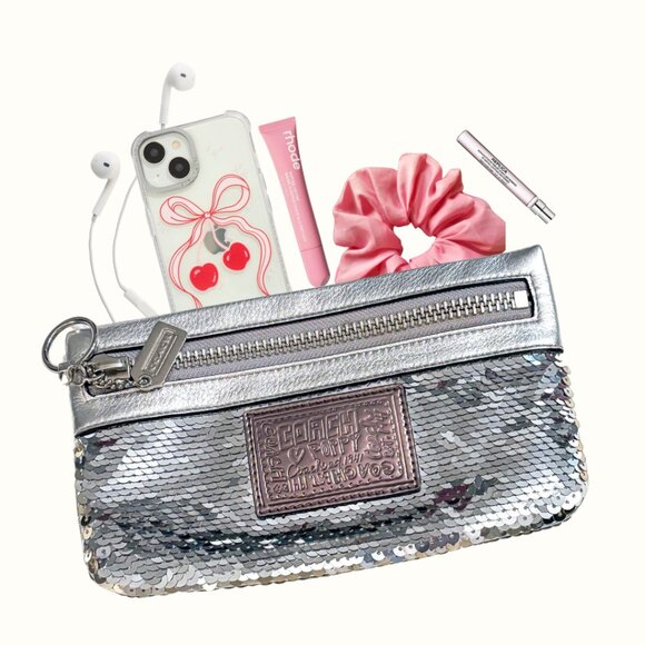 Coach Poppy Silver Sequin Wristlet Purse Handbag Wallet Clutch - Picture 1 of 11